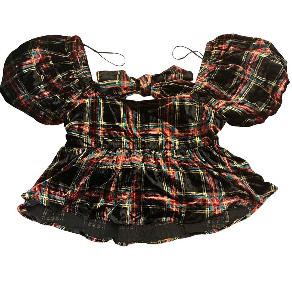 Francesca's NEW Plaid Velvet Puff Sleeve Tie Back Black Crop Top Size L Audrey P